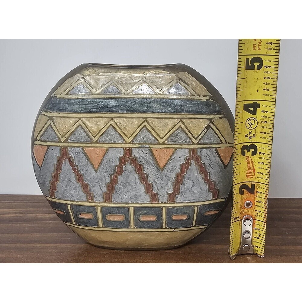 Vintage Small Geometric Enameled Painted Multicolor Brass Vase India 5"x5" - Picture 8 of 10
